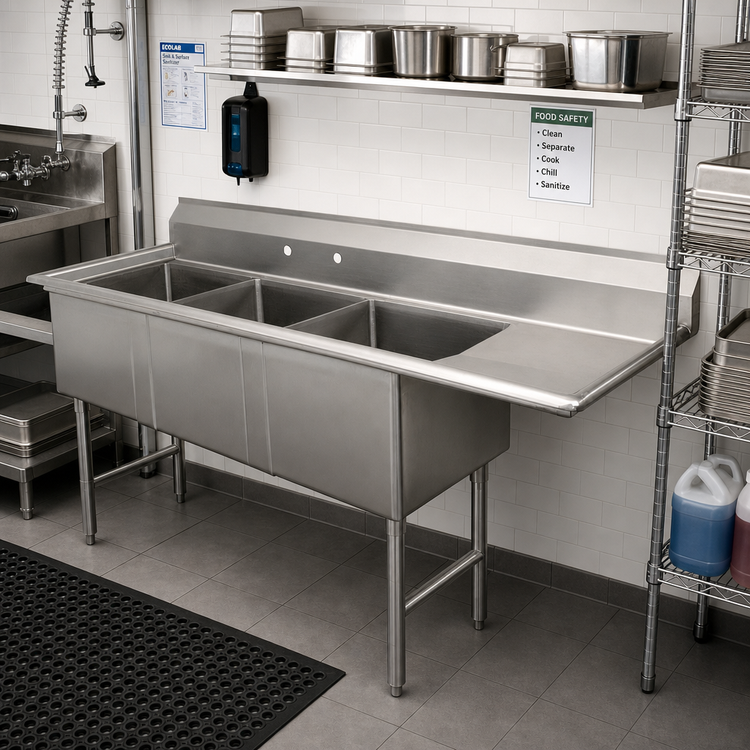 Product image #2 for Advance Tabco 3-Compartment Fabricated Sink with Right Drainboard, 15" x 24" x 14" Bowls, 16-Gauge 304 Stainless Steel