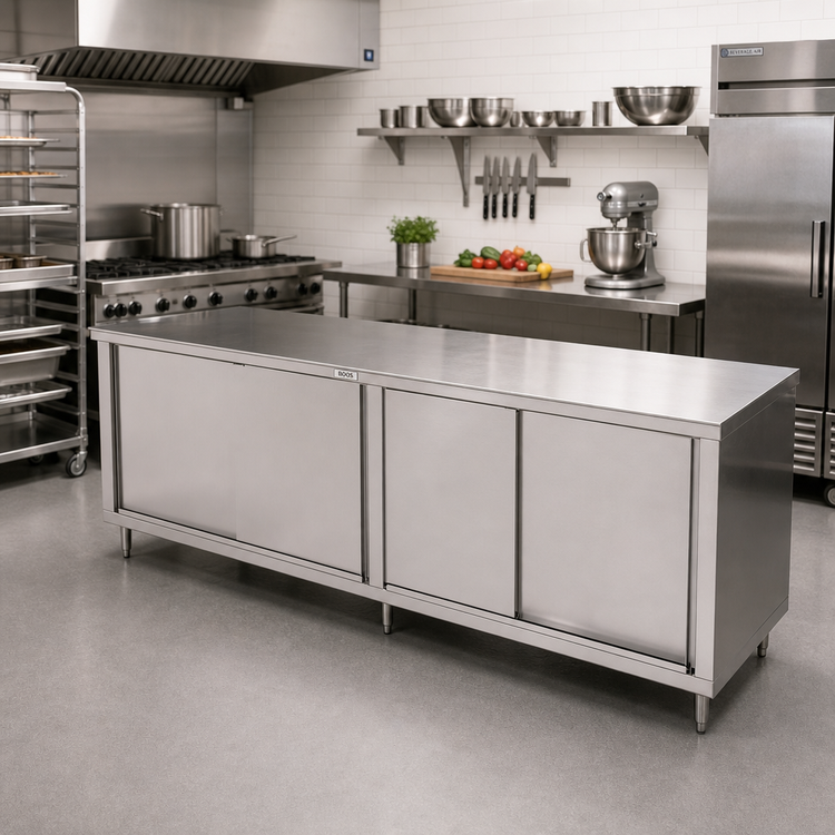 Product image #2 for John Boos 108 Inch x 24 Inch Stainless Steel Enclosed Work Table with Sliding Doors
