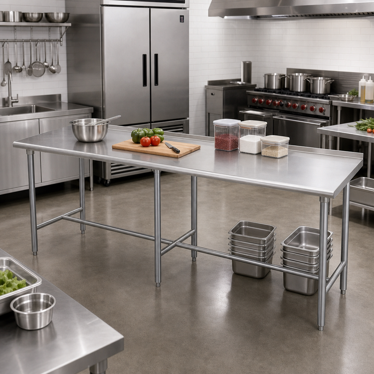 Product image #2 for Advance Tabco Premium Series 144" x 24" 304 Stainless Steel Work Table with 1-1/2" Rear Splash and Galvanized Open Base