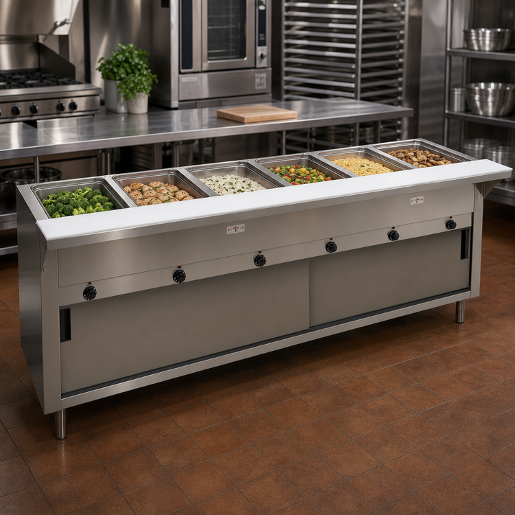 Product image #2 for Advance Tabco Triumph Supreme 93-Inch Electric Hot Food Table with 6 Sealed Wells, Sliding Doors, and Poly Cutting Board