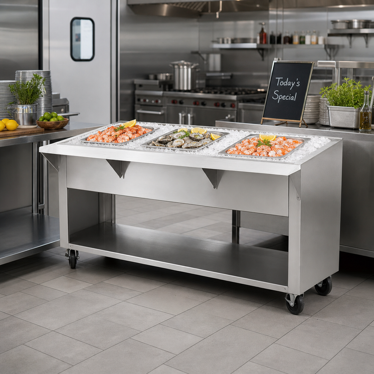 Product image #2 for Advance Tabco Triumph (Supreme) Ice Cooled Serving Counter, 3-Pan Capacity, Open Rear Base