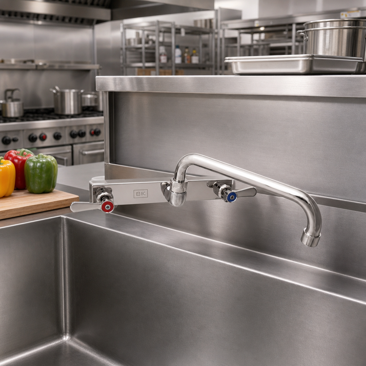 Product image #2 for BK Resources Evolution Splash-Mounted Commercial Faucet with 8-Inch Centers and 12-Inch Swing Spout