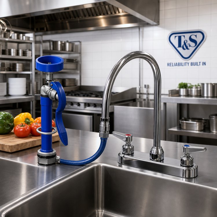 Product image #2 for T&S Brass B-1172-96-135X 8-Inch Center Deck-Mount Workboard Mixing Faucet with Swivel Gooseneck, 96-Inch Hose, and Spray Valve