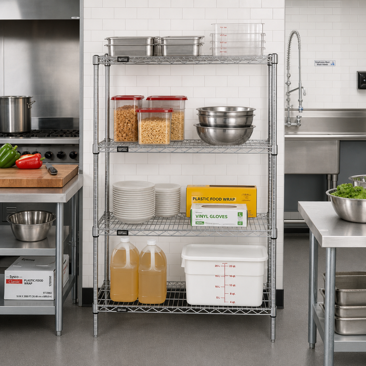 Product image #2 for Quantum Chrome-Plated 4-Shelf Stationary Wire Shelving Starter Kit, 48"W x 14"D x 54"H