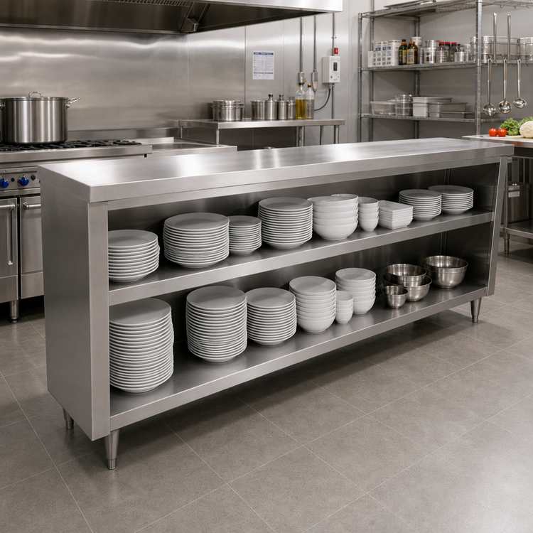 Product image #2 for Advance Tabco Stainless Steel Dish Cabinet with Open Base and Mid-Shelf, 96-Inch W x 15-Inch D