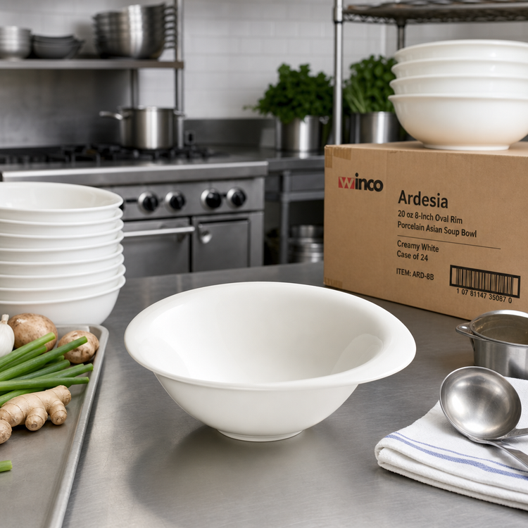 Product image #3 for Winco Ardesia 20 oz 8-Inch Oval Rim Porcelain Asian Soup Bowl, Creamy White, Case of 24
