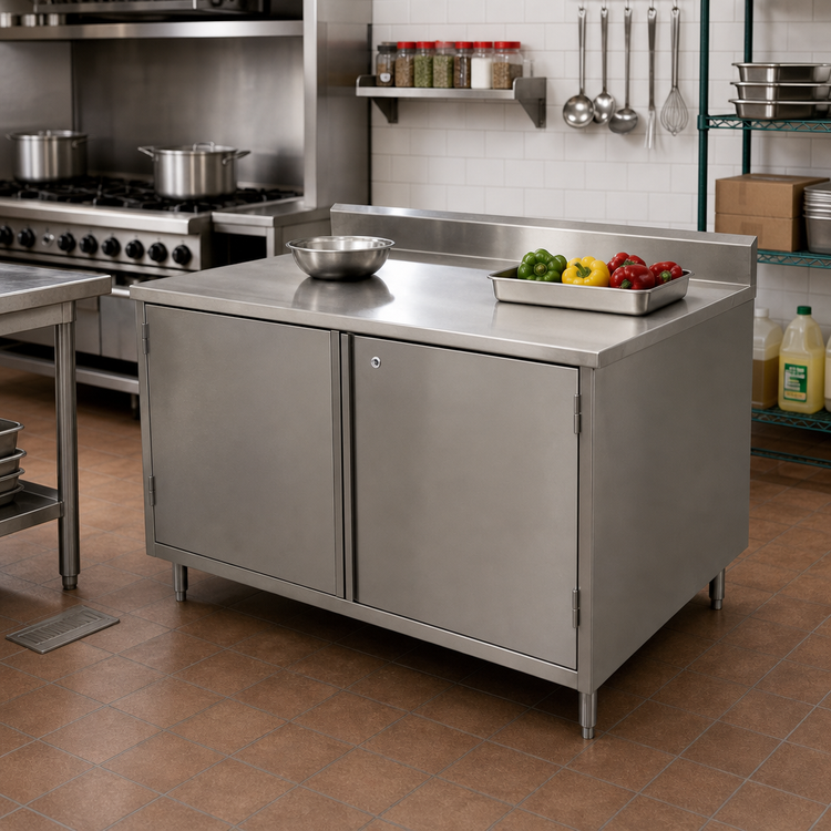 Product image #2 for BK Resources Stainless Steel Enclosed Work Table with Cabinet Base, Hinged Doors and Lock, 48 x 24 Inches