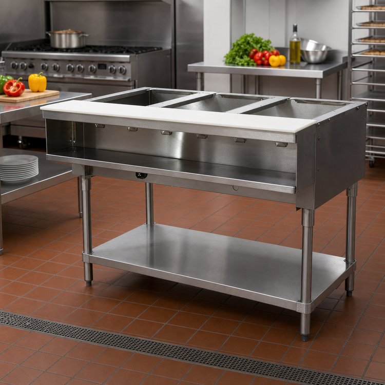 Product image #2 for Advance Tabco Triumph Supreme 3-Well Open-Well LP Gas Water Bath Hot Food Table with Cutting Board and Undershelf