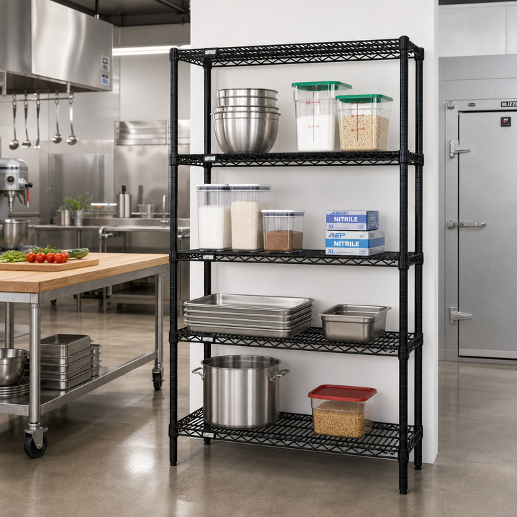 Product image #2 for Quantum 24" x 18" x 86" Black Epoxy Antimicrobial Wire Shelving Starter Kit, 4-Shelf Stationary Unit