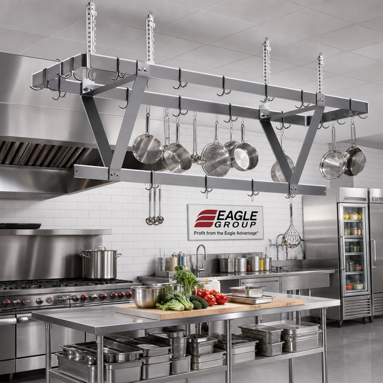 Product image #2 for Eagle Group Ceiling-Mounted Triple-Bar Aluminum Pot Rack with 30 Hooks, 112-Inch Wide