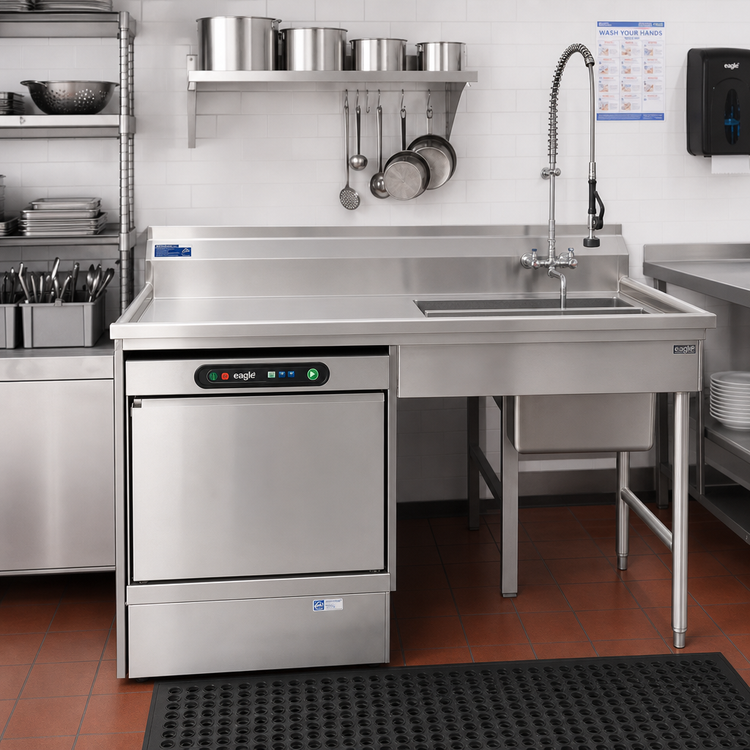 Product image #2 for Eagle Group 60-Inch Undercounter Soiled Dishtable with Left Dishwasher Opening and 20 x 20 x 5 Pre-Rinse Sink