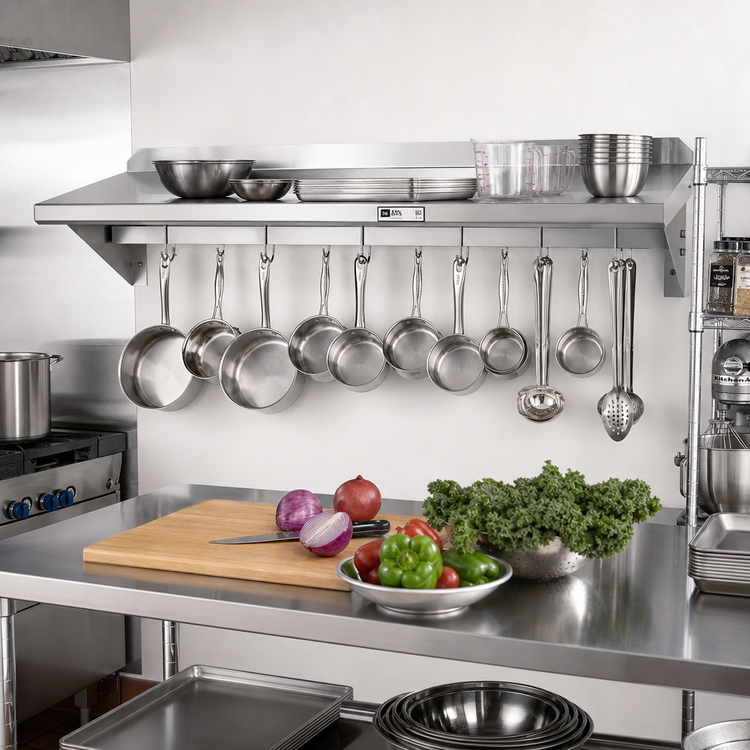 Product image #2 for John Boos Stallion 144-Inch Wall-Mounted Stainless Steel Pot Rack Shelf with 12 Hooks