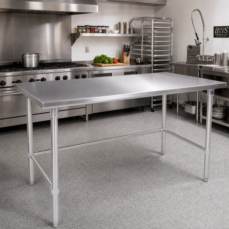 Product image #2 for John Boos Stallion 108" x 30" 16-Gauge 300-Series Stainless Steel Flat Top Work Table with Safety Edge