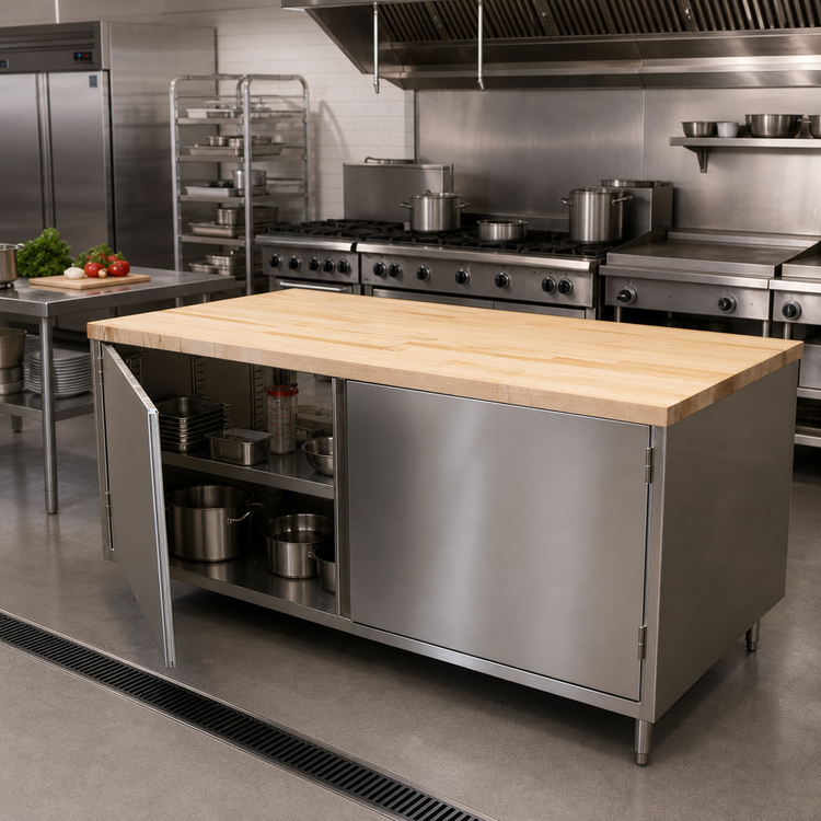 Product image #2 for BK Resources 72-Inch Dual-Access Hard Maple Top Chef Table with Stainless Steel Cabinet Base