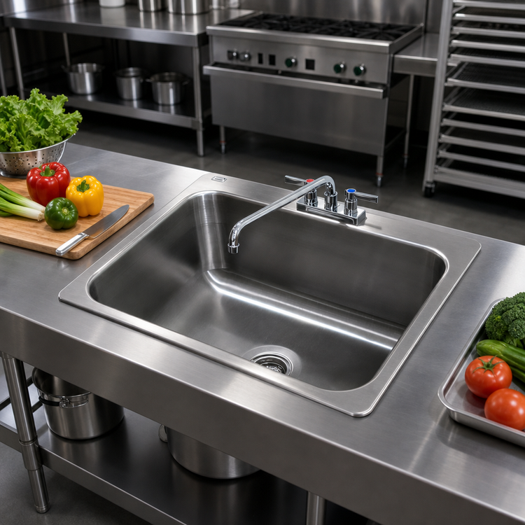 Product image #2 for Drop-In Single-Compartment 304 Stainless Steel Sink with 28" x 20" x 12" Bowl, 12" Swing Spout Faucet and Basket Drain