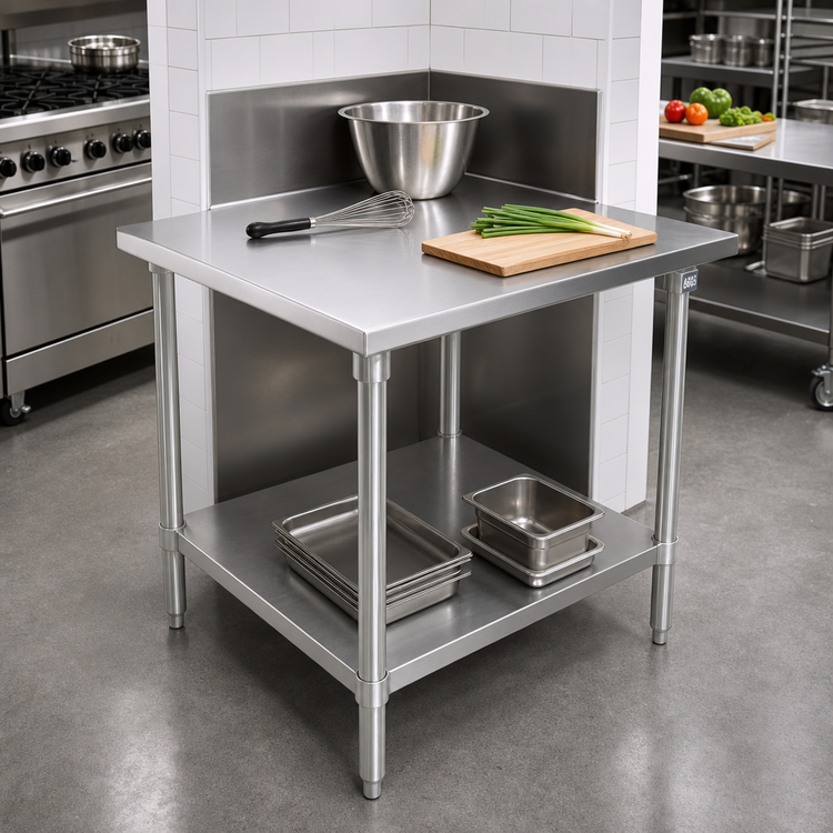 Product image #2 for John Boos Stallion 30" x 30" 16-Gauge 300 Series Stainless Steel Corner Work Table with Galvanized Base and Undershelf