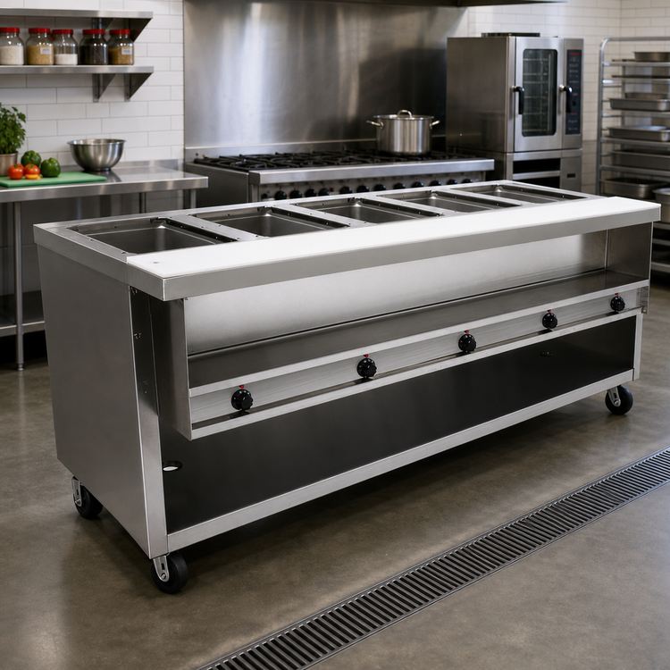 Product image #2 for Advance Tabco HDSW-5-240-BS Heavy Duty Electric Sealed Well Hot Food Table with Enclosed Base, 5 Wells, 208/240V