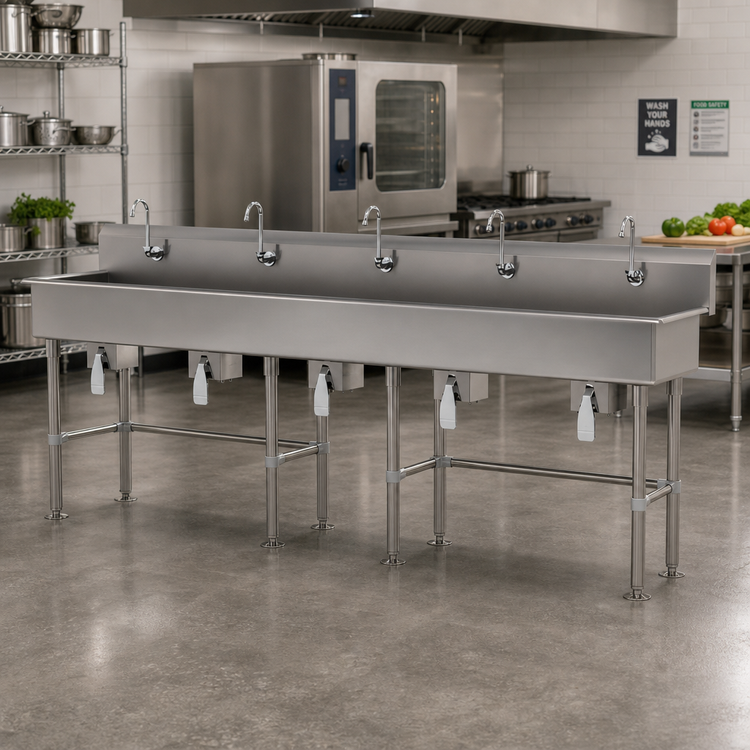Product image #2 for Advance Tabco 5-Station Freestanding Knee-Operated Hand Wash Sink, 100-Inch Wide, 14-Gauge 304 Stainless Steel