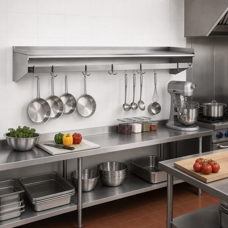 Product image #2 for Eagle Group 96-Inch W x 18-Inch D Wall-Mounted Stainless Steel Wall Shelf with Pot Rack