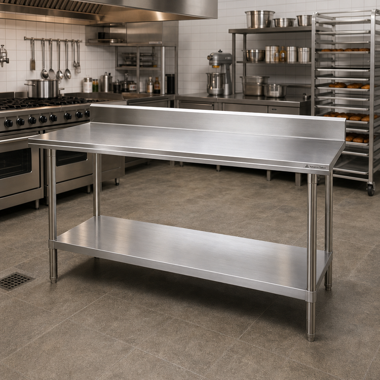 Product image #2 for Advance Tabco 144 Inch x 30 Inch Stainless Steel Work Table with 5 Inch Backsplash and Adjustable Undershelf