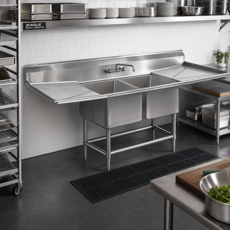 Product image #2 for Eagle Spec-Master FN Series 2-Compartment Coved Corner Sink with Left and Right 36-Inch Drainboards, 108 x 27 Inches, 14-Gauge Stainless Steel