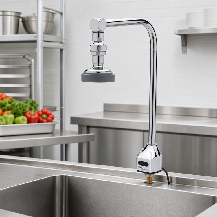 Product image #2 for T&S Brass ChekPoint Electronic Deck-Mount Touchless Faucet with Rigid Gooseneck and Pivoting Spray Head, 1.42 GPM