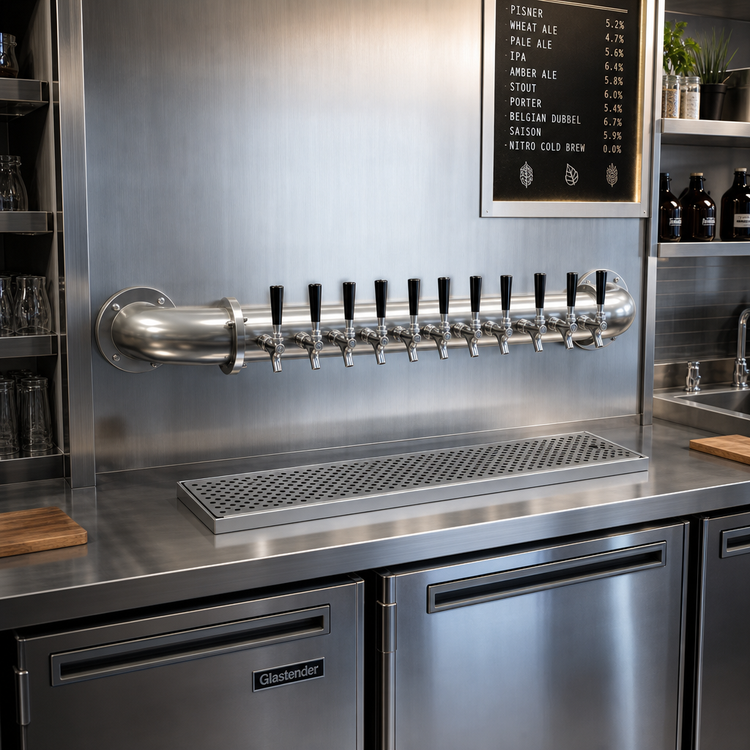 Product image #2 for Glastender Pipe Wall Draft Dispensing Tower, 10-Faucet, Wall Mounted, Air-Cooled, Stainless Steel