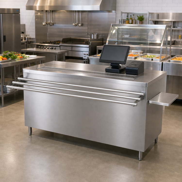 Product image #2 for 60-Inch Stainless Steel Cashier-Serve Counter with Built-In Urn Trough and Drop Shelf