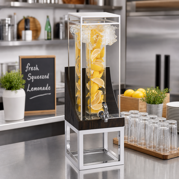 Product image #3 for Cal-Mil Cinderwood 3-Gallon Square Beverage Dispenser with Ice Chamber and Drip Tray