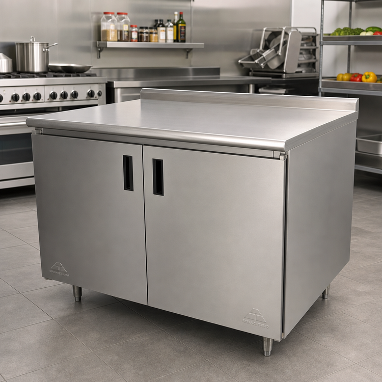 Product image #2 for Advance Tabco 60-Inch x 30-Inch Enclosed Work Table with Cabinet Base, Mid-Shelf, Hinged Doors, and 14-Gauge 304 Stainless Steel Top