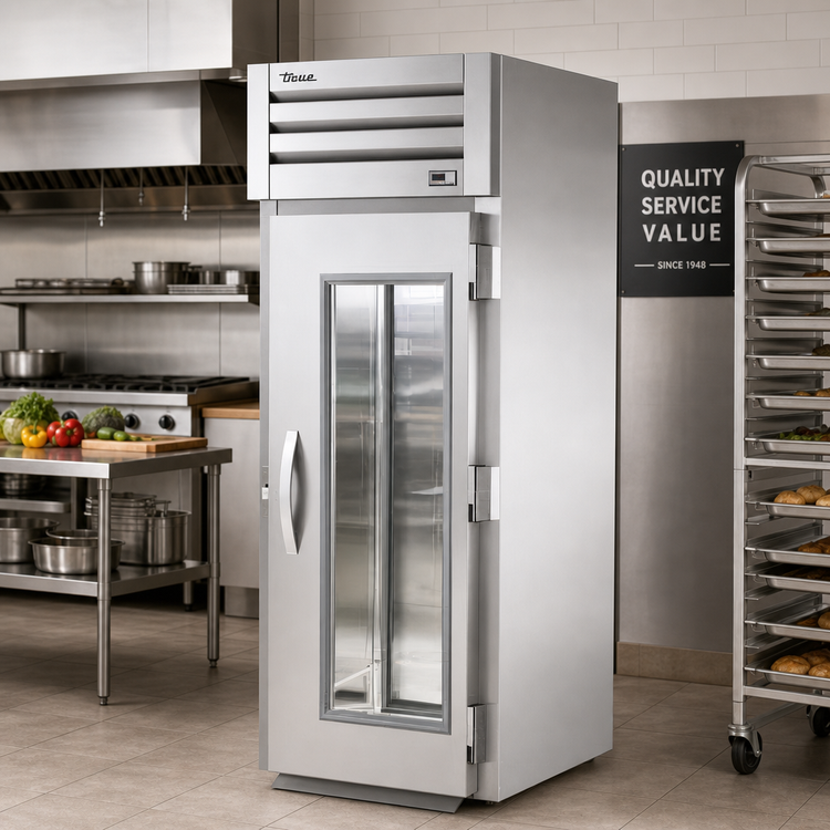 Product image #2 for True Spec Series 35-Inch Wide 1-Section Self-Contained Roll-Thru Refrigerator with Glass Front and Solid Rear Swing Doors