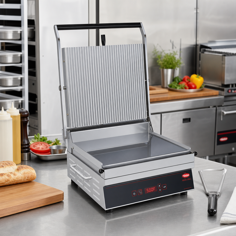 Product image #2 for Hatco Single Countertop Panini Grill with Grooved Top and Smooth Bottom Plates, Digital Controls, 500°F Max