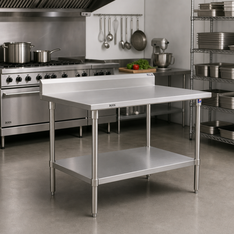 Product image #2 for John Boos Stallion 72 in. W x 36 in. D 16-Gauge 300-Series Stainless Steel Top Work Table with 5 in. Backsplash and Adjustable Undershelf