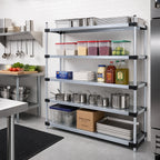 Thumbnail image #2 for Quantum WR63-1472SG-5 Solid Shelving Starter Kit, 72"W x 14"D x 63"H, 5 Shelves, Galvanized Steel Shelves, Chrome Posts