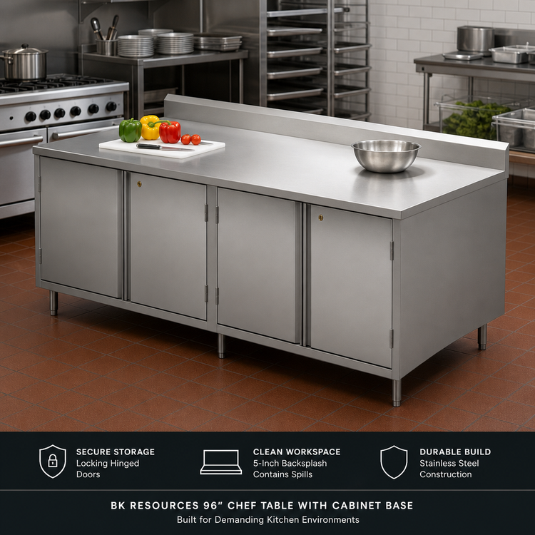 Product image #2 for BK Resources 96-Inch Stainless Steel Chef Table with Cabinet Base, Hinged Locking Doors, and 5-Inch Backsplash