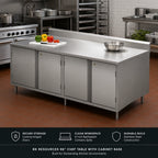 Thumbnail image #2 for BK Resources CSTR5-3096HL 96-Inch Stainless Steel Enclosed Chef Table with Locking Hinged Doors, 5-Inch Backsplash, 14-Gauge Top