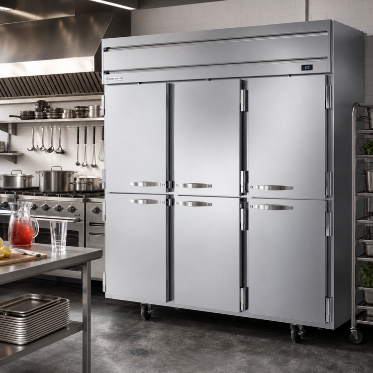 Product image #2 for Beverage-Air Horizon Series Three-Section Half-Solid Door Reach-In Refrigerator, 71.52 Cu. Ft., Top-Mounted Self-Contained