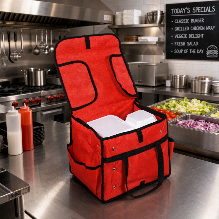 Product image #2 for Deluxe Red Nylon Sandwich Delivery Bag with 1 Compartment and Side Pockets, 15 x 9 x 12 Inch