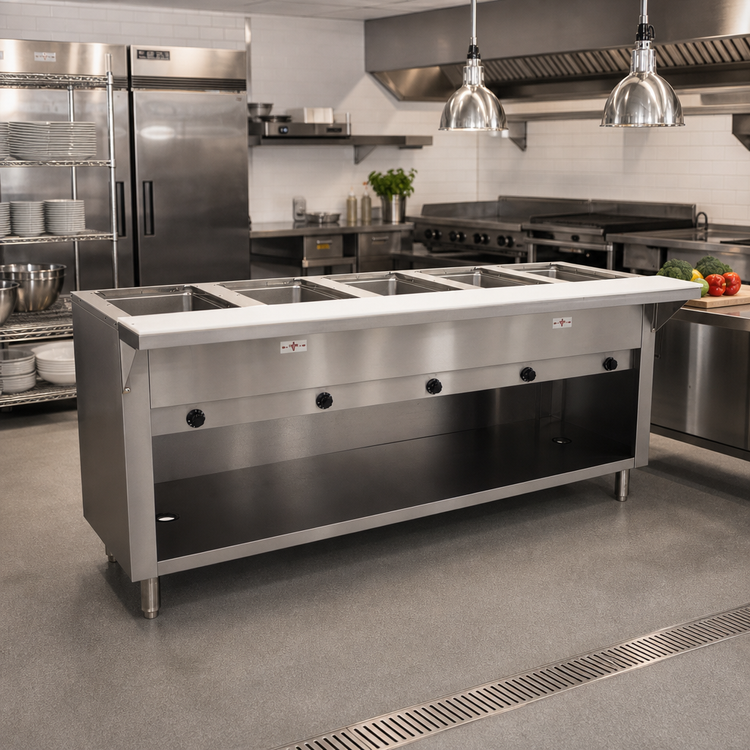 Product image #2 for Triumph Supreme 5-Well Natural Gas Hot Food Table with Enclosed Stainless Steel Base and Cutting Board Shelf