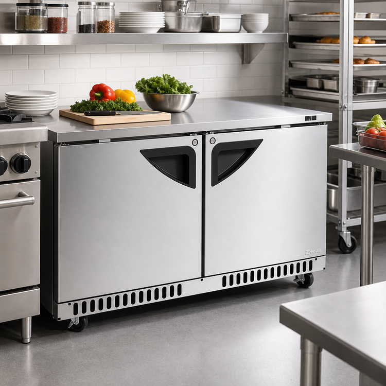 Product image #2 for Turbo Air Super Deluxe 60-Inch Two-Section Front-Breathing Undercounter Refrigerator with Solid Doors, 14.8 Cu. Ft.