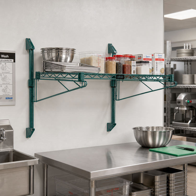 Product image #2 for Quantum Wall-Mount Cantilever Wire Shelving Unit with 42 x 12 Inch Shelf, Green Epoxy Finish