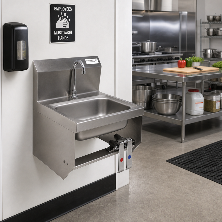Product image #2 for BK Resources Wall-Mounted Hand Sink Package with Knee Valve, 5" Gooseneck Spout, 14" x 10" x 5" Bowl, 304 Stainless Steel