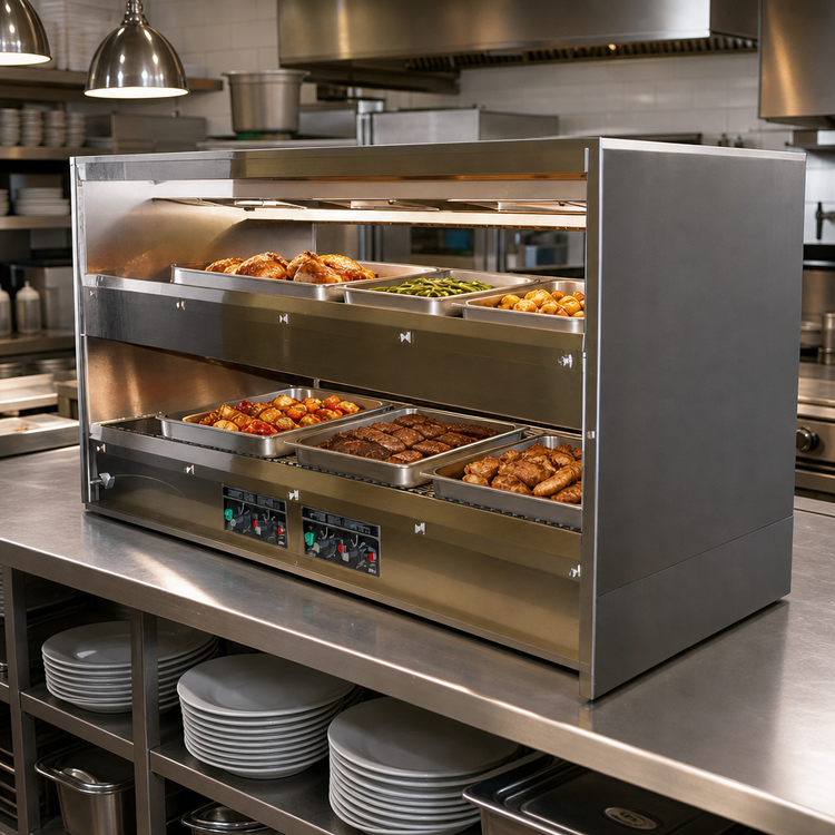Product image #2 for BKI 2TSM-5024R Pass-Through Countertop Hot Food Display Warmer with 2 Slanted Shelves, 50-Inch