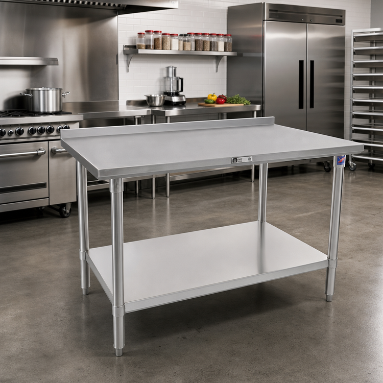 Product image #2 for John Boos Stallion 84-Inch x 36-Inch 14-Gauge 300-Series Stainless Steel Work Table with Rear Up-Turn and Adjustable Undershelf