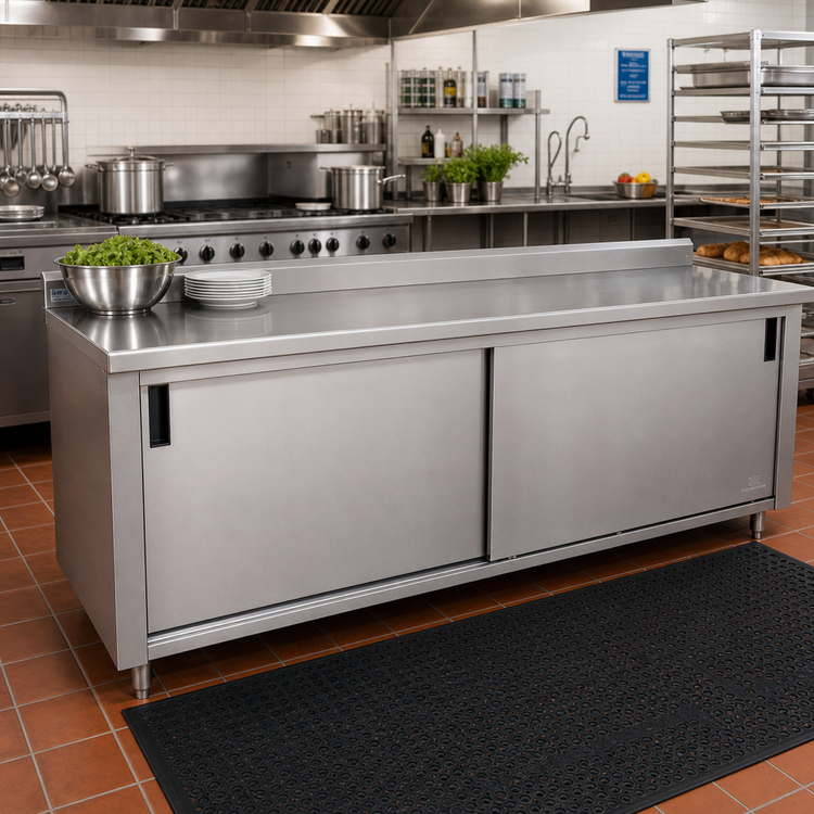 Product image #2 for Advance Tabco Enclosed Stainless Steel Work Table with Sliding Doors, Mid-Shelf and 1-1/2 Inch Rear Up-Turn, 144 x 24 Inches