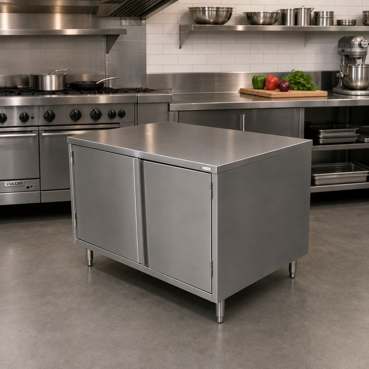 Product image #2 for BK Resources 30-Inch x 30-Inch Single-Sided Stainless Steel Chef Table with Cabinet Base and Hinged Doors