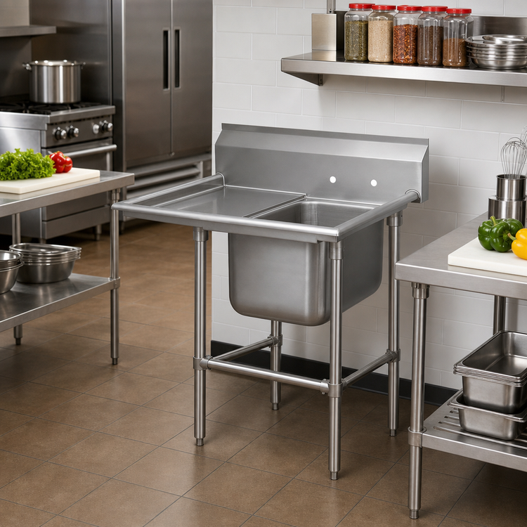 Product image #2 for Advance Tabco Regaline Freestanding 1-Compartment Sink with Left-Hand Drainboard, 28 x 20 x 14 in Bowl, 304 Stainless Steel