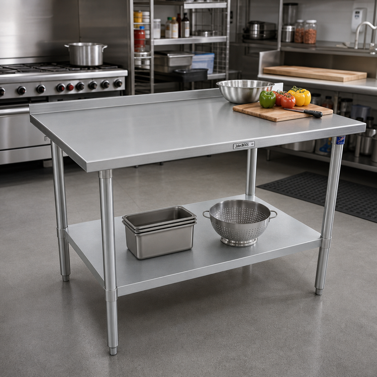 Product image #2 for John Boos Stallion 60" x 30" 14-Gauge Stainless Steel Work Table with 1-1/2" Rear Up-Turn and Galvanized Undershelf