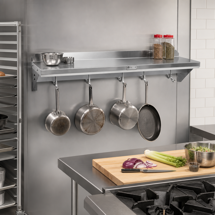 Product image #2 for John Boos Stallion 48-Inch x 16-Inch Wall-Mounted 16-Gauge Stainless Steel Pot Rack Shelf with 4 Hooks