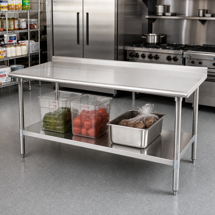 Product image #2 for Eagle Group Budget Series 84-Inch x 36-Inch 430 Stainless Steel Work Table with 1-1/2-Inch Rear Up-Turn and Adjustable Undershelf